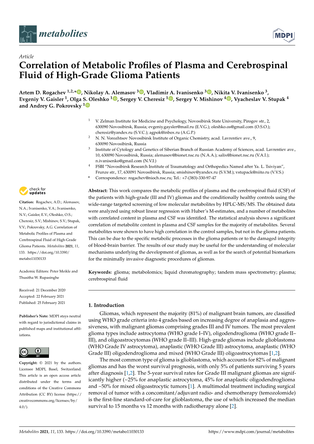 Correlation of Metabolic Profiles of Plasma and Cerebrospinal Fluid Of
