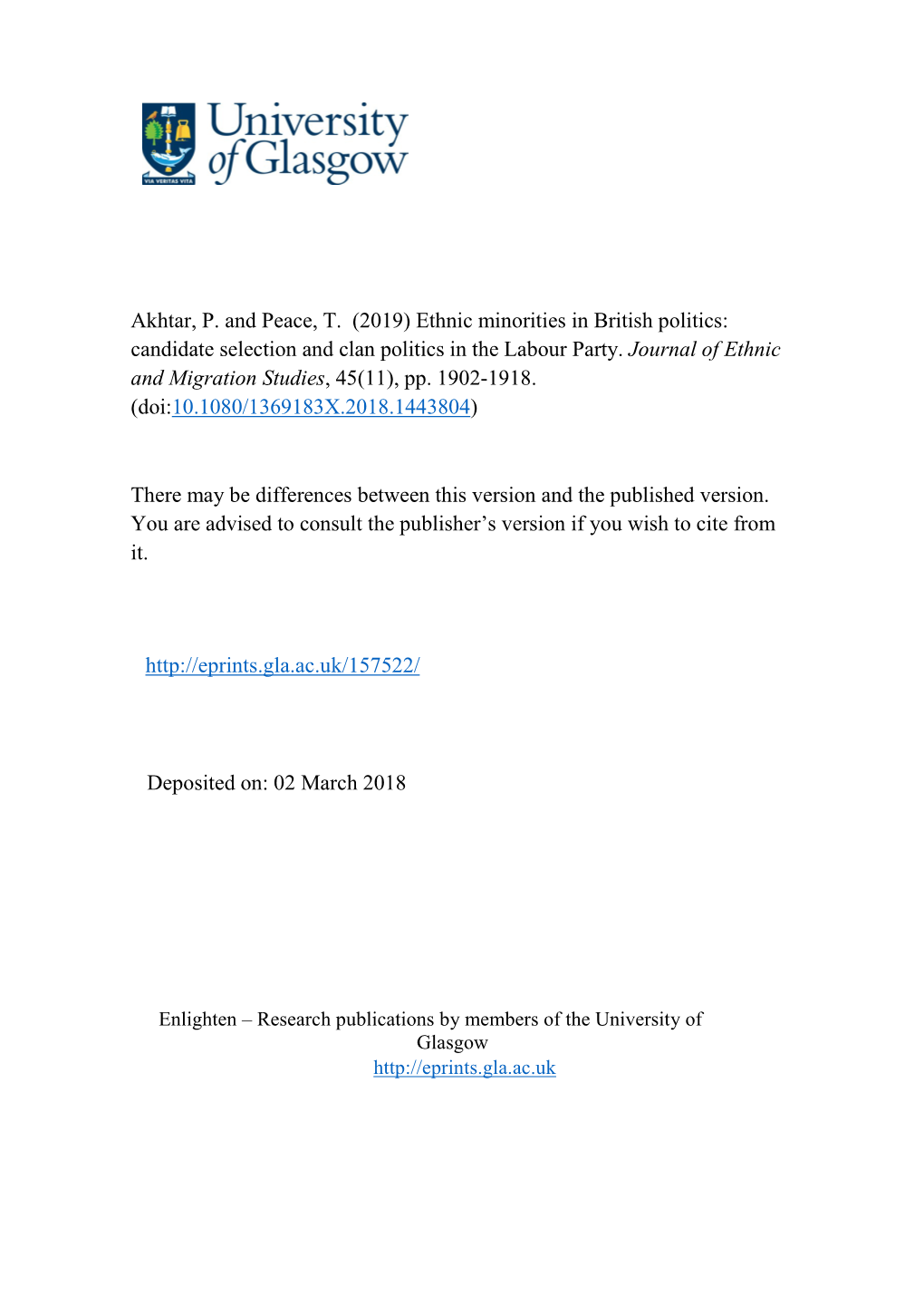 Ethnic Minorities in British Politics: Candidate Selection and Clan Politics in the Labour Party