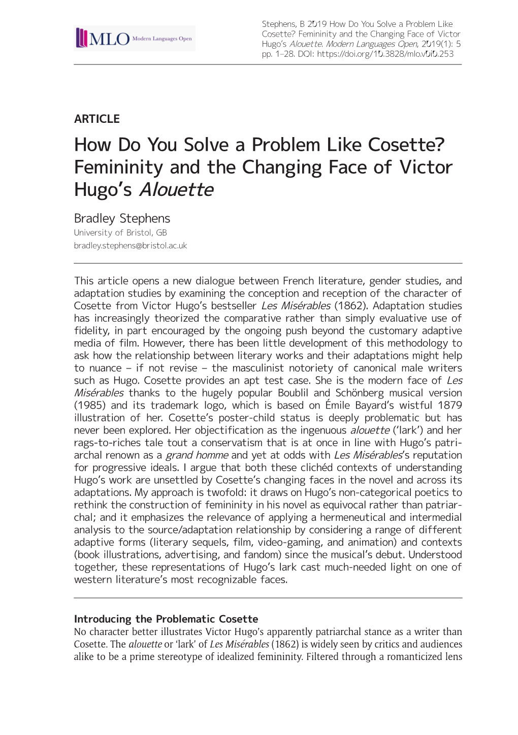 How Do You Solve a Problem Like Cosette? Femininity and the Changing Face of Victor Hugo’S Alouette