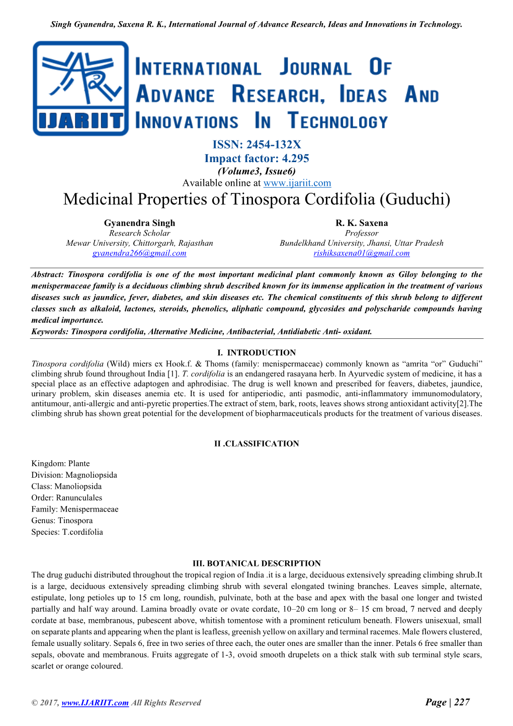 Medicinal Properties of Tinospora Cordifolia (Guduchi)