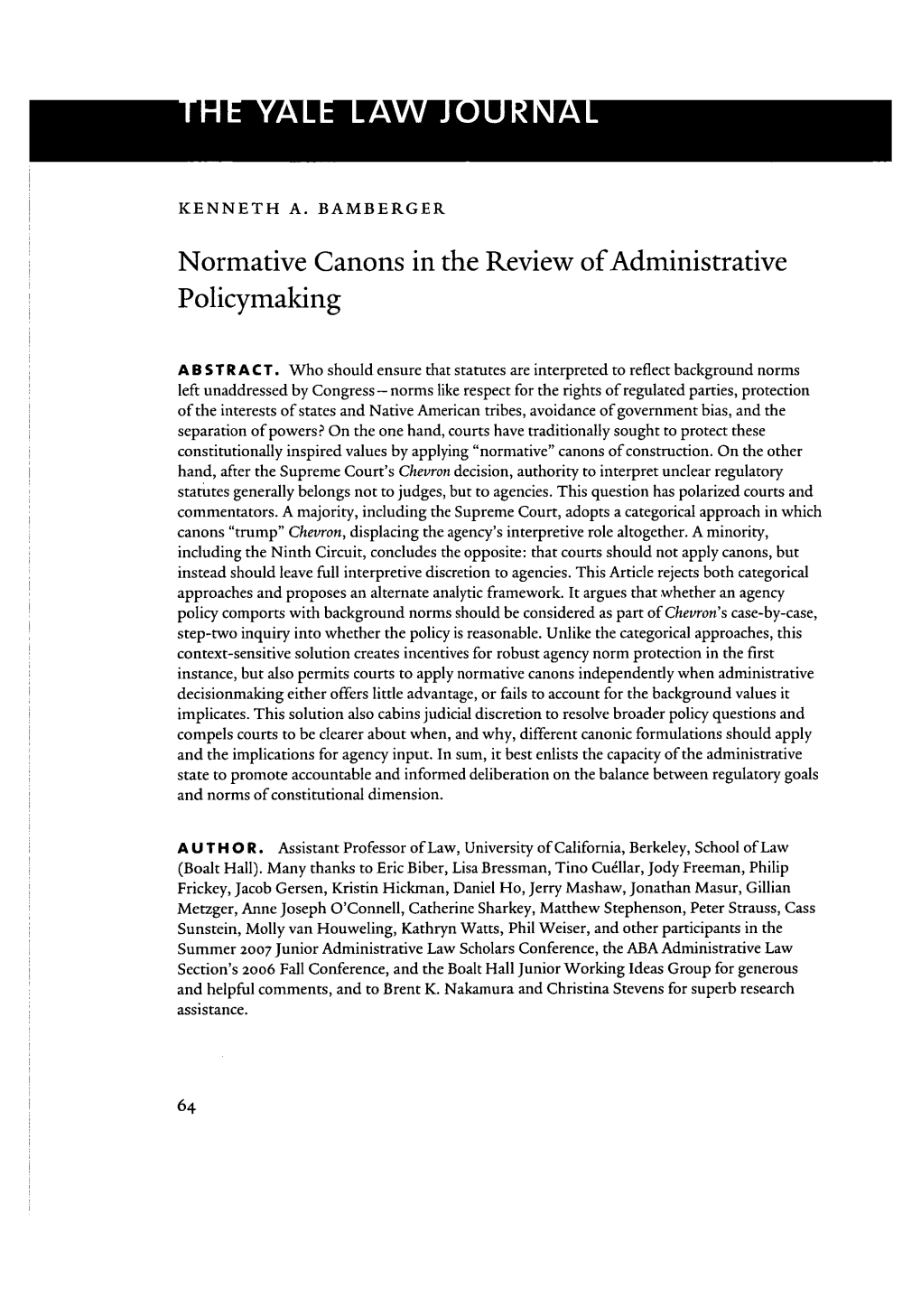 NORMATIVE CANONS in the REVIEW of ADMINISTRATIVE POLICYMAKING Politically Sensitive Questions Back to Congress