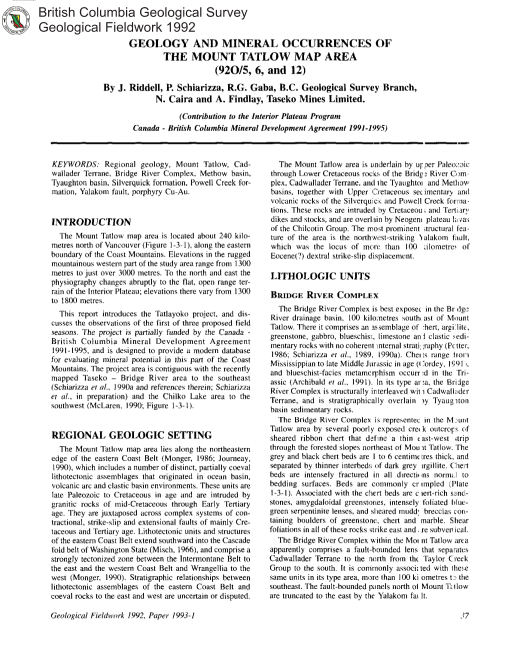 British Columbia Geological Survey Geological Fieldwork 1992