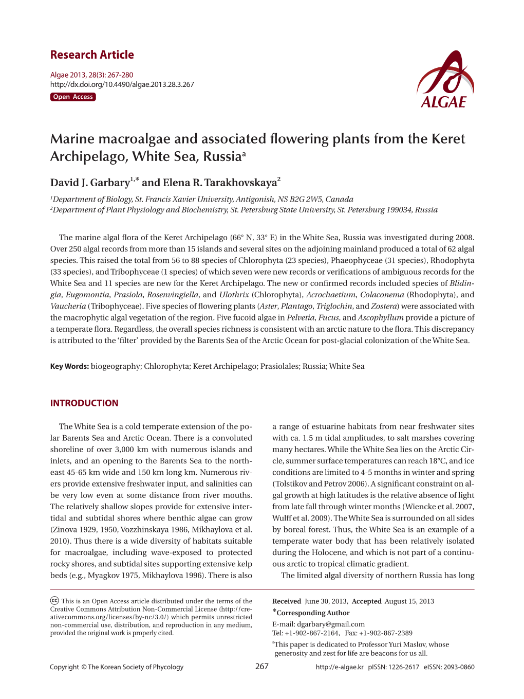 Marine Macroalgae and Associated Flowering Plants from the Keret Archipelago, White Sea, Russiaa