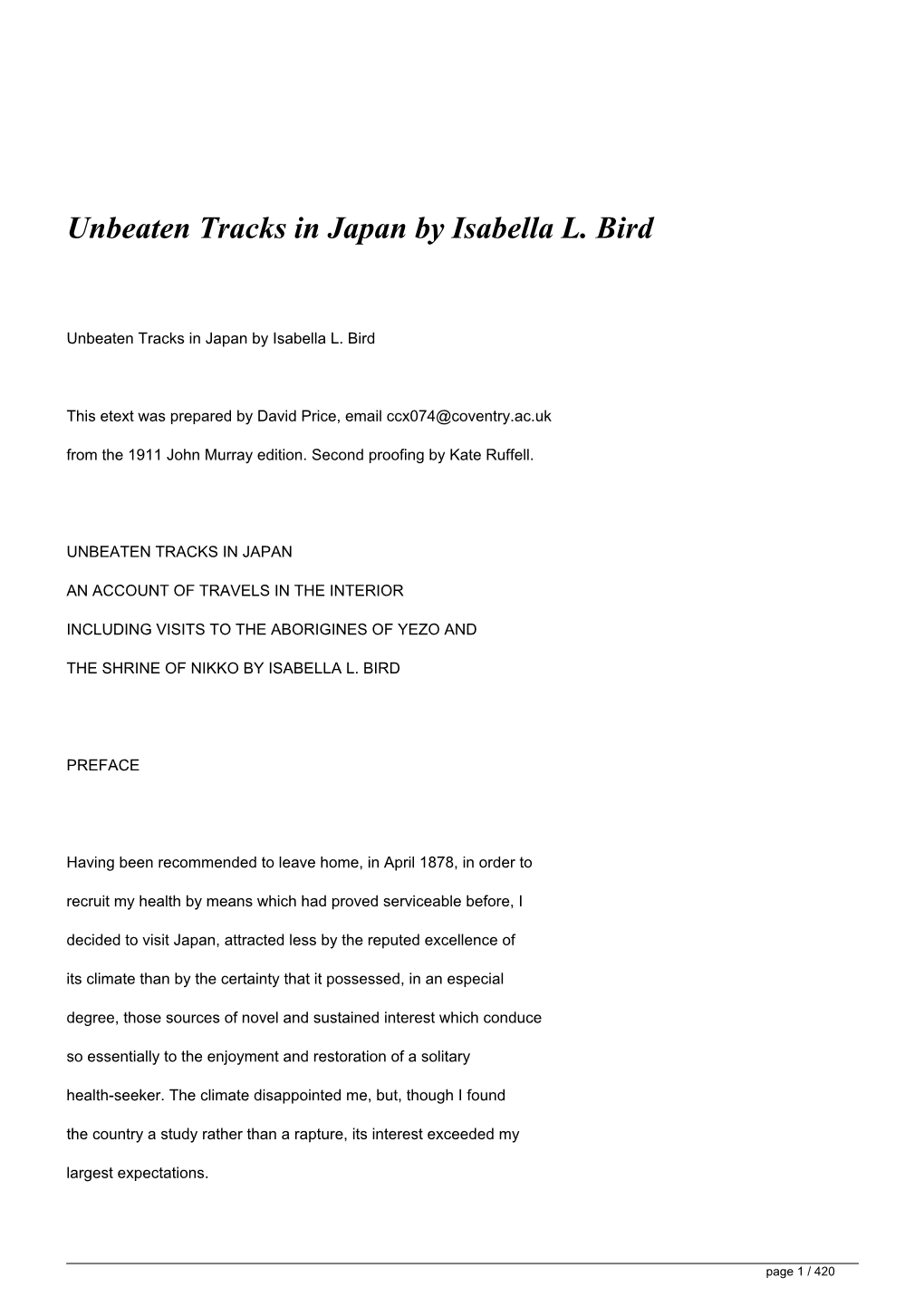 Unbeaten Tracks in Japan by Isabella L. Bird</H1>