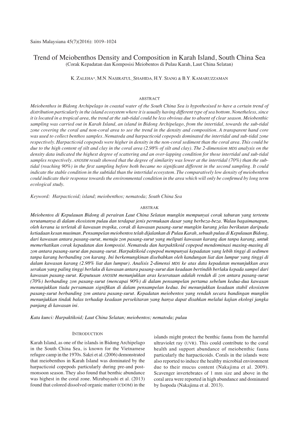 Trend of Meiobenthos Density and Composition in Karah Island, South China Sea (Corak Kepadatan Dan Komposisi Meiobentos Di Pulau Karah, Laut China Selatan)