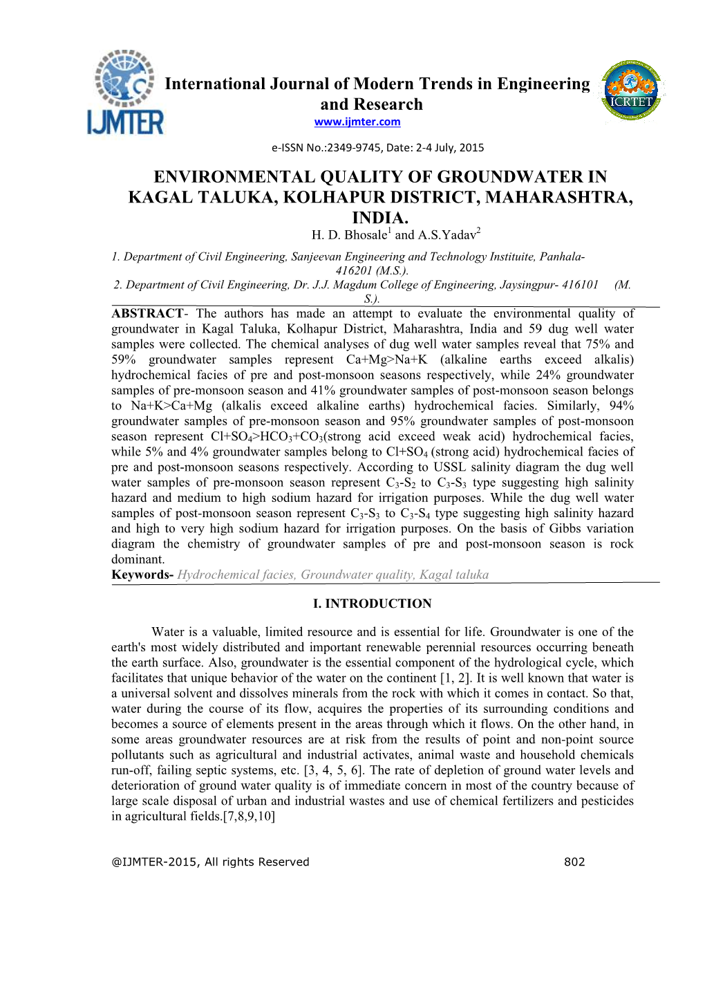 Environmental Quality of Groundwater in Kagal Taluka, Kolhapur District, Maharashtra, India