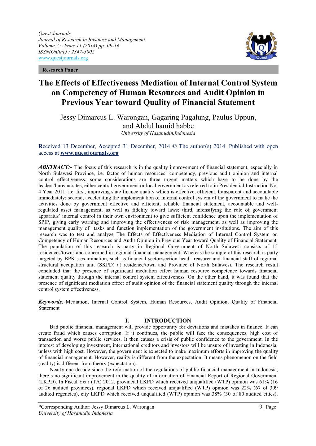 The Effects of Effectiveness Mediation of Internal Control System On