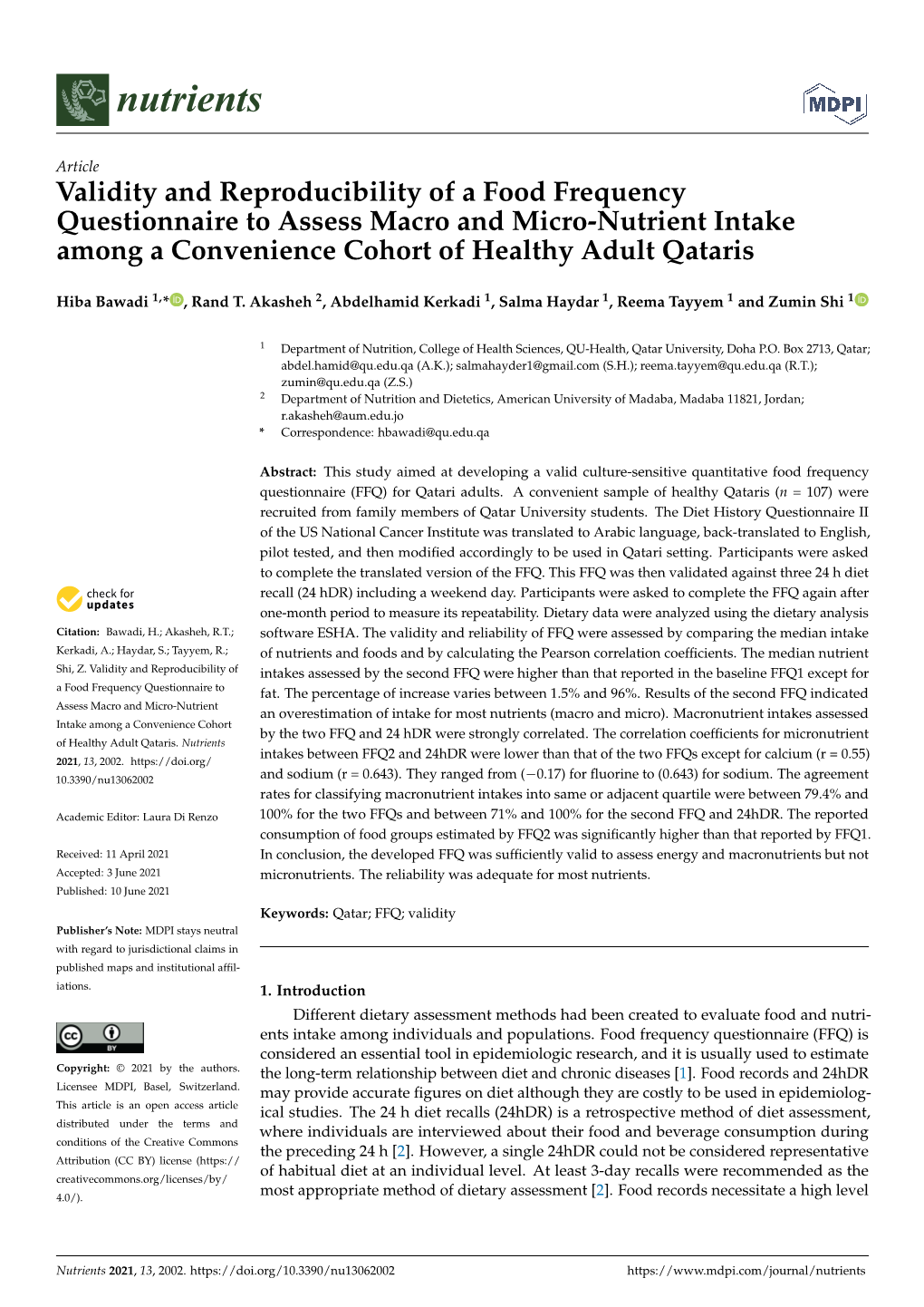 Validity and Reproducibility of a Food Frequency Questionnaire to Assess Macro and Micro-Nutrient Intake Among a Convenience Cohort of Healthy Adult Qataris