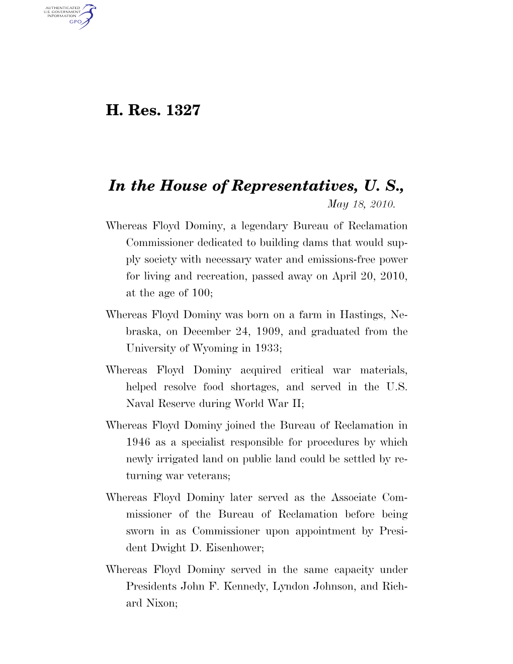 H. Res. 1327 in the House of Representatives, U