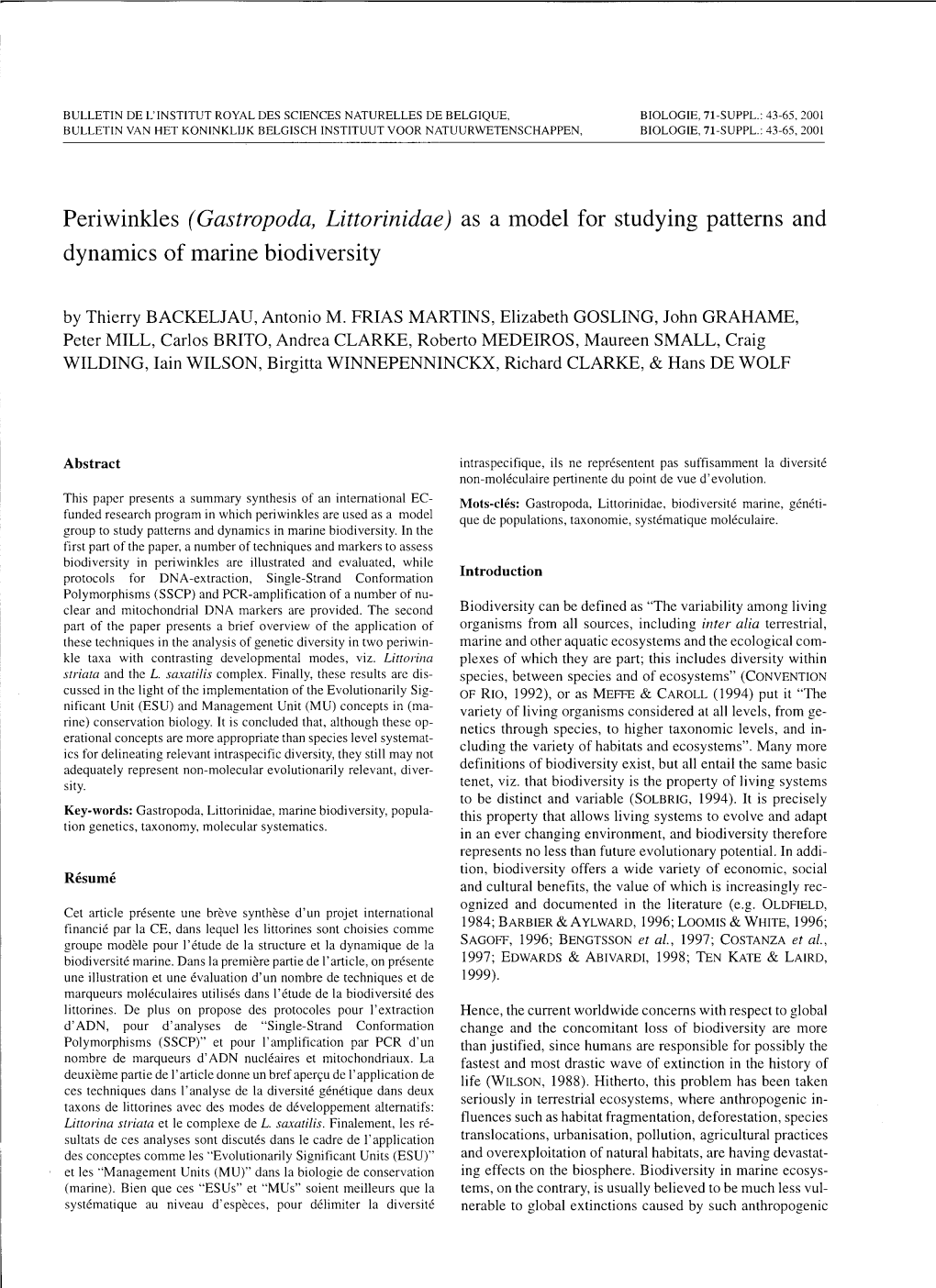 Periwinkles (Gastropoda, Littorinidae) As a Model for Studying Patterns and Dynamics of Marine Biodiversity by Thierry BACKELJAU, Antonio M