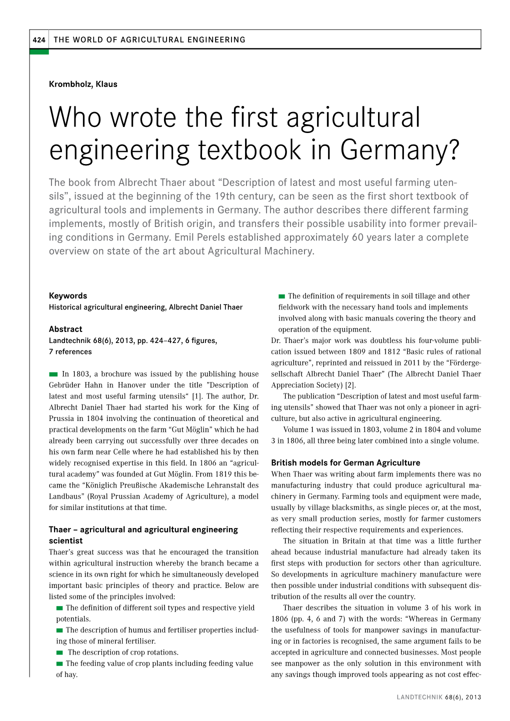 Who Wrote the First Agricultural Engineering Textbook in Germany?