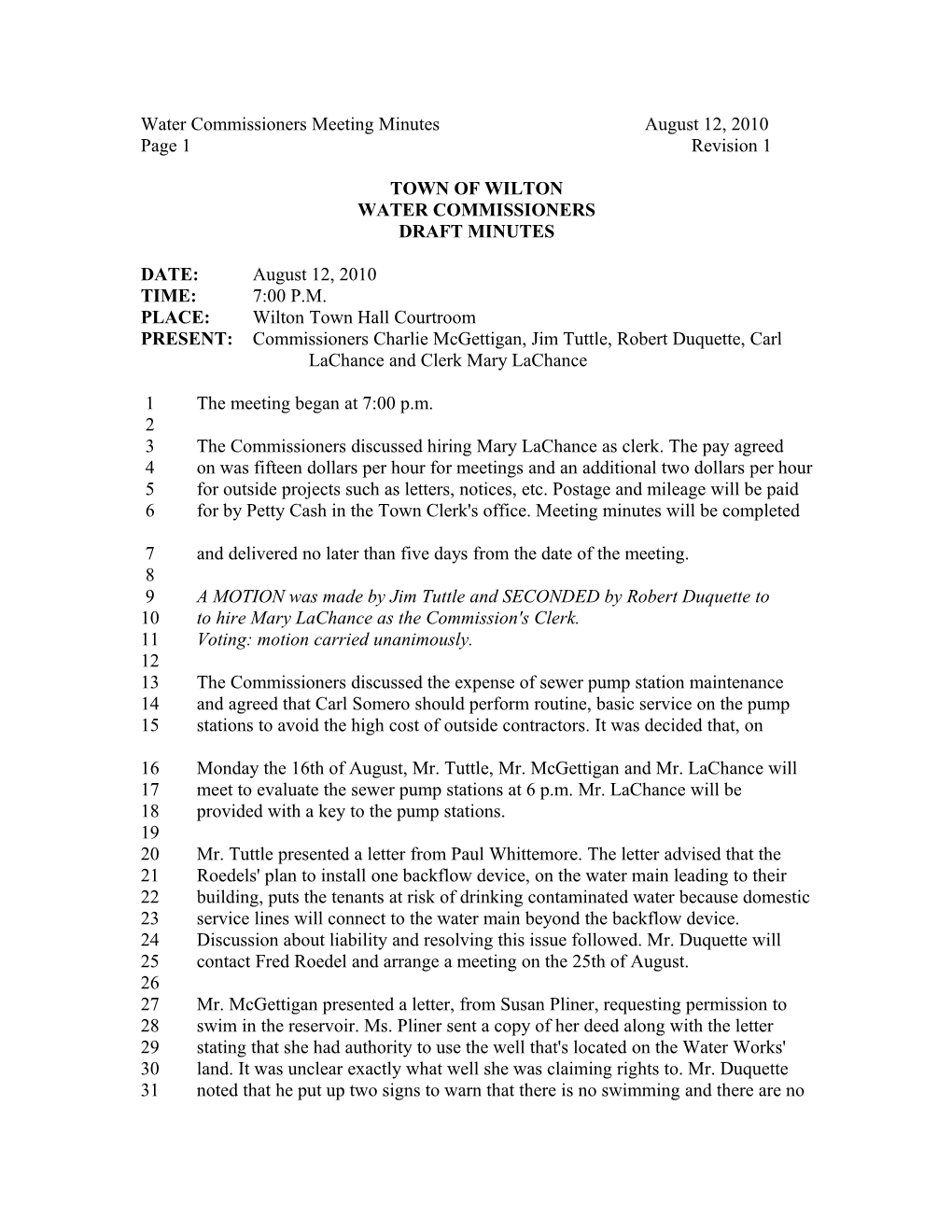 Water Commissioners Meeting Minutes