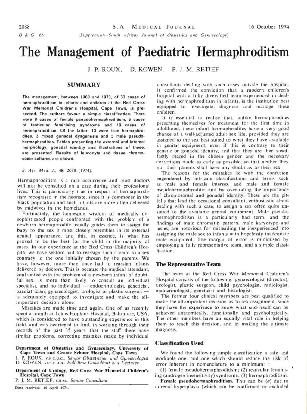 The Management of Paediatric Hermaphroditism