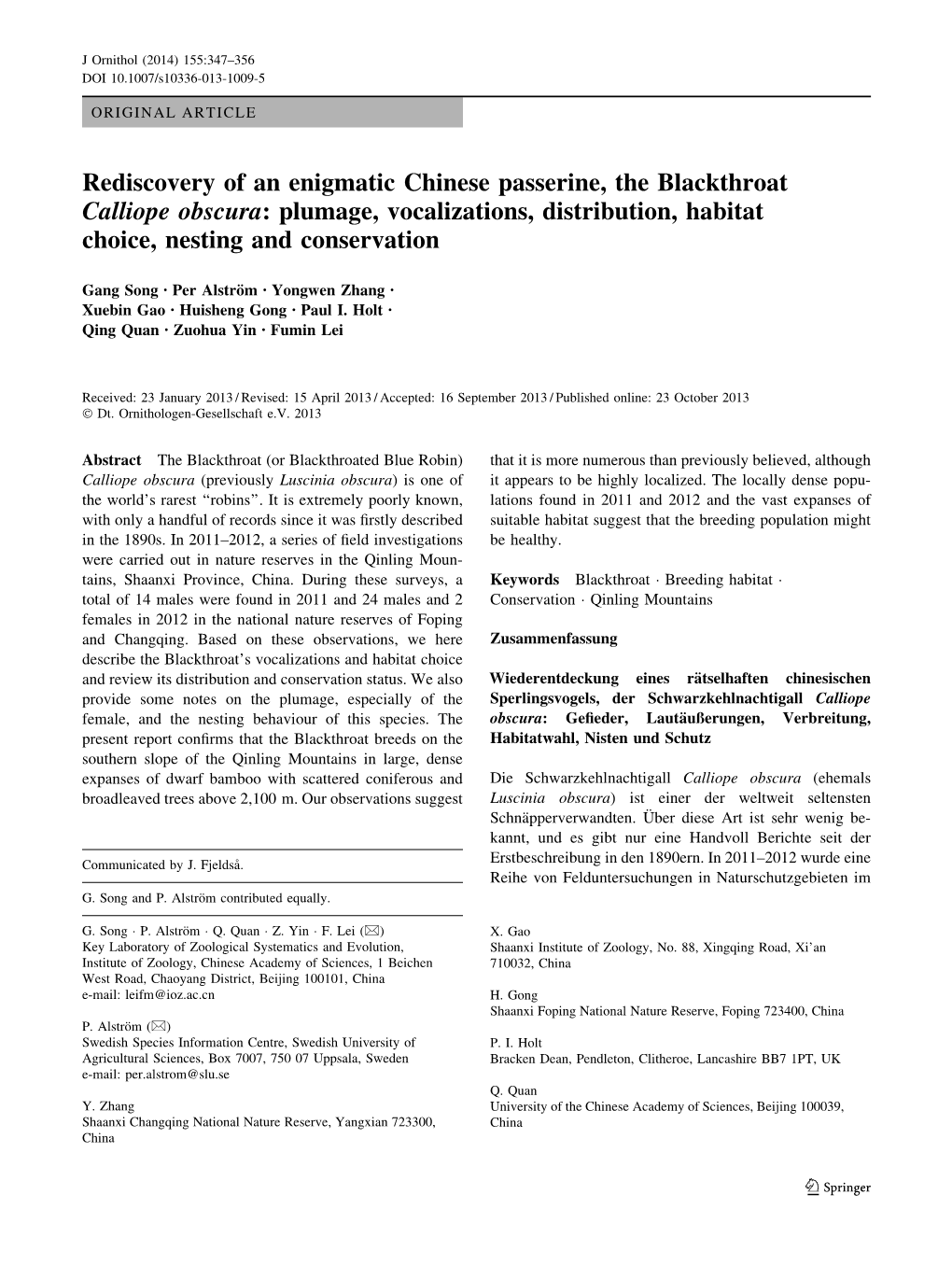 Rediscovery of an Enigmatic Chinese Passerine, the Blackthroat Calliope Obscura: Plumage, Vocalizations, Distribution, Habitat Choice, Nesting and Conservation