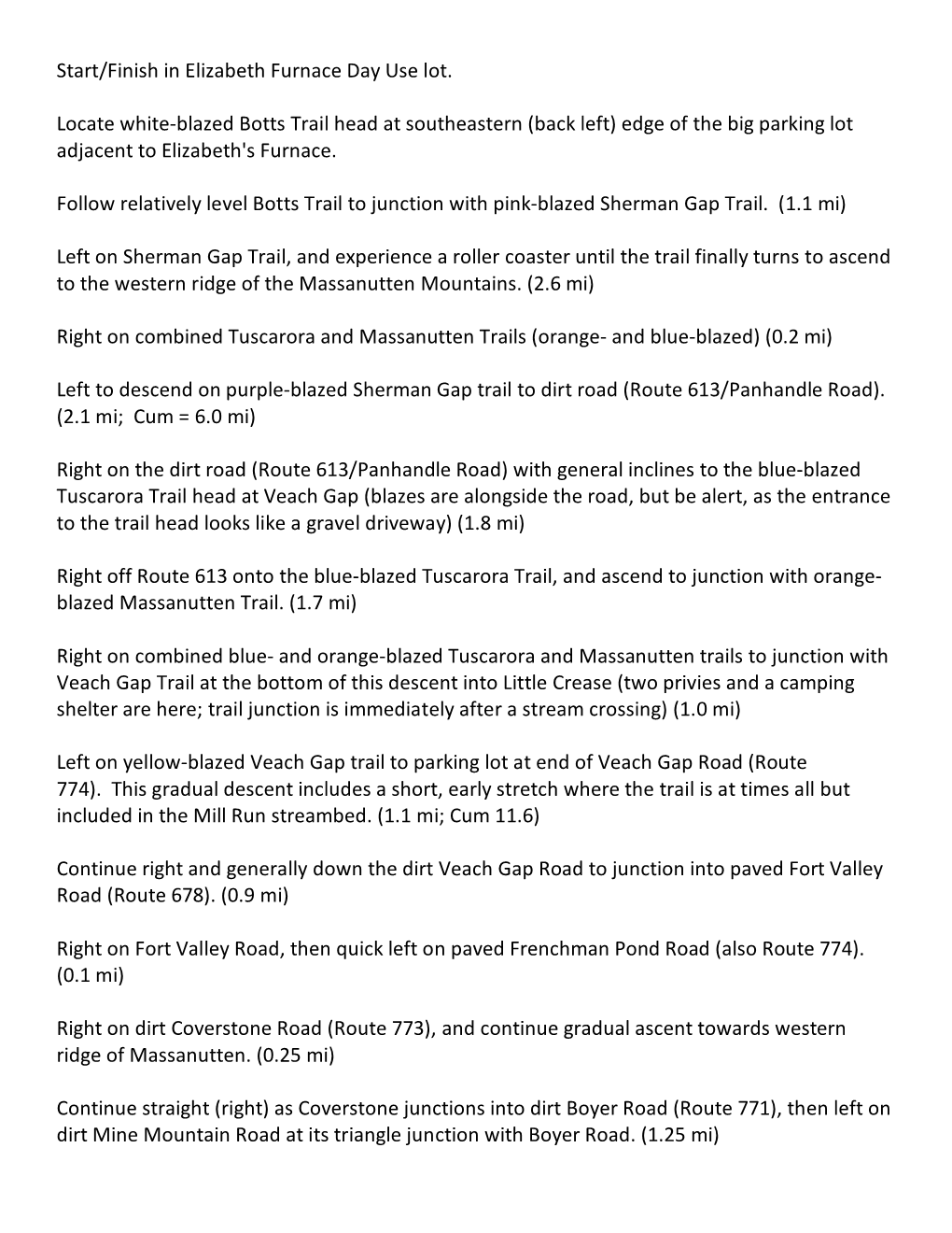 Start/Finish in Elizabeth Furnace Day Use Lot. Locate White-Blazed Botts