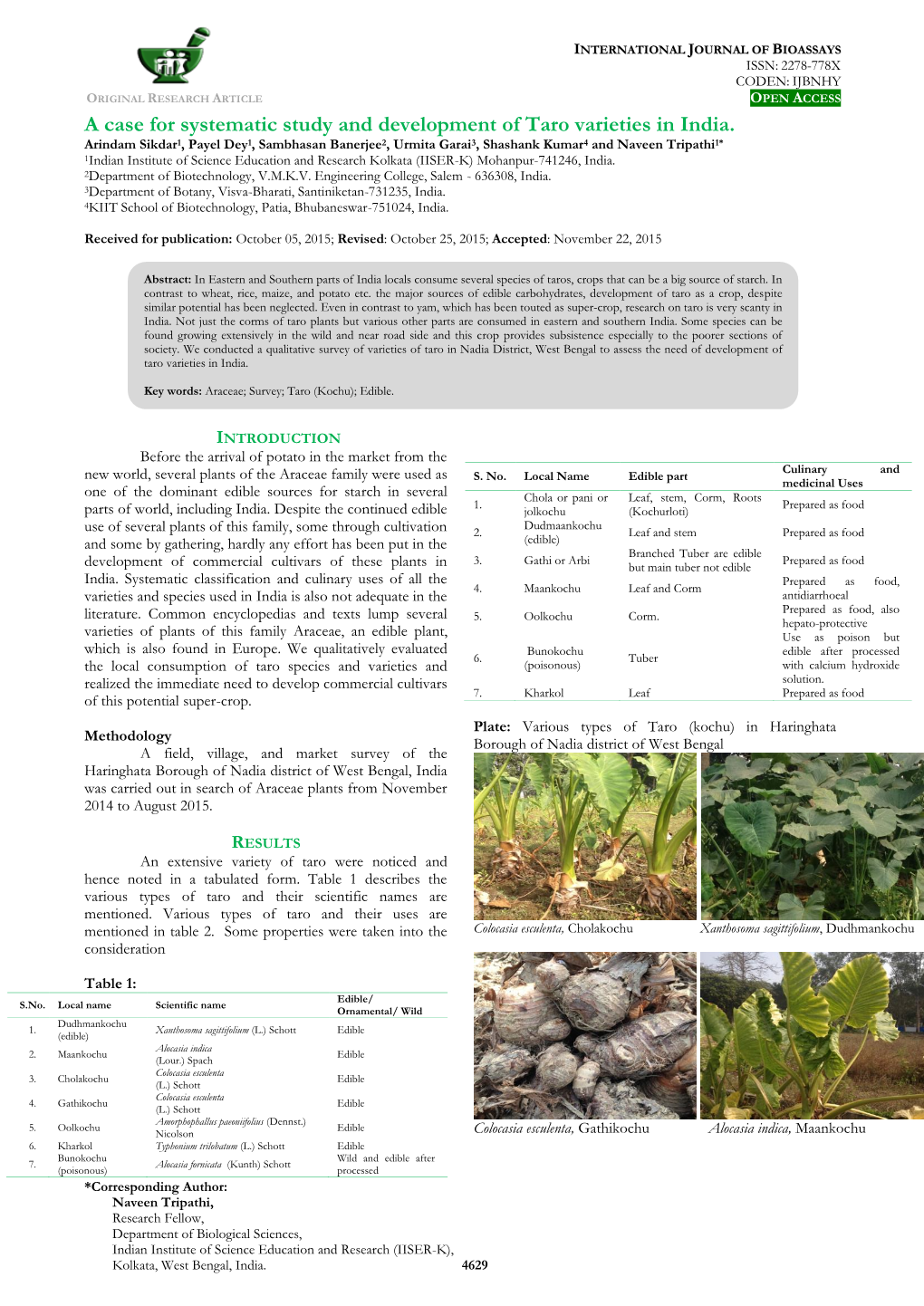 A Case for Systematic Study and Development of Taro Varieties in India