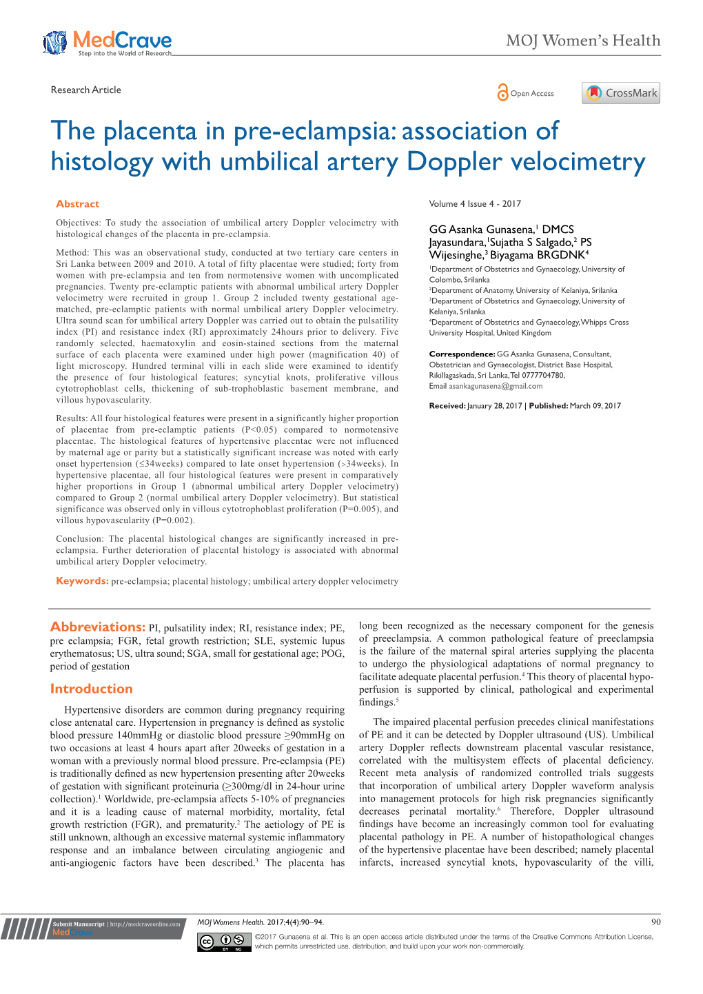 The Placenta in Pre-Eclampsia: Association of Histology with Umbilical Artery Doppler Velocimetry