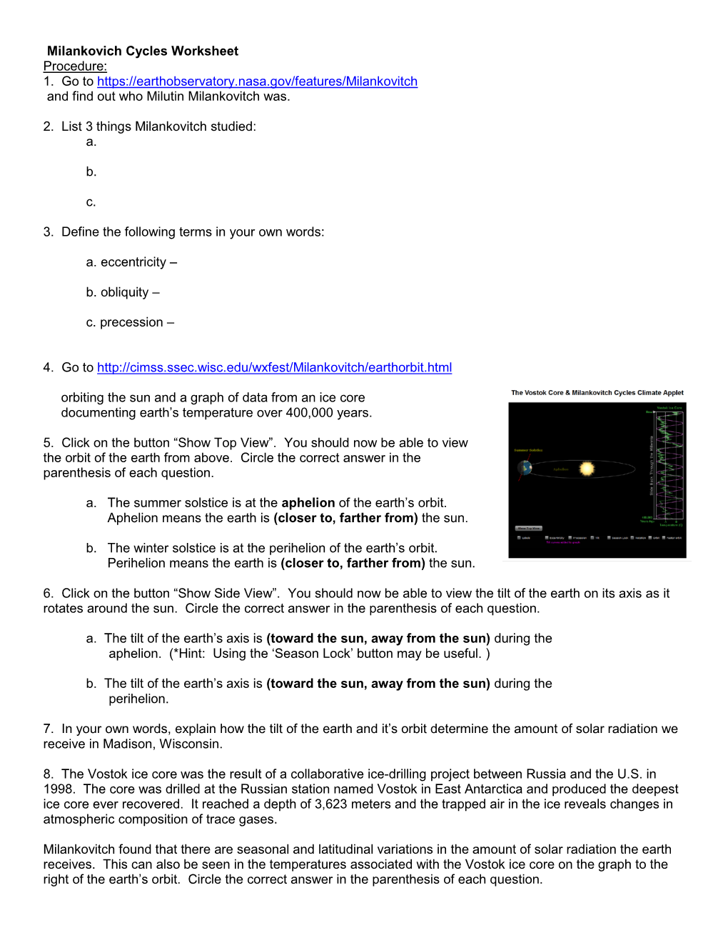 Milankovich Cycles Worksheet Procedure: 1