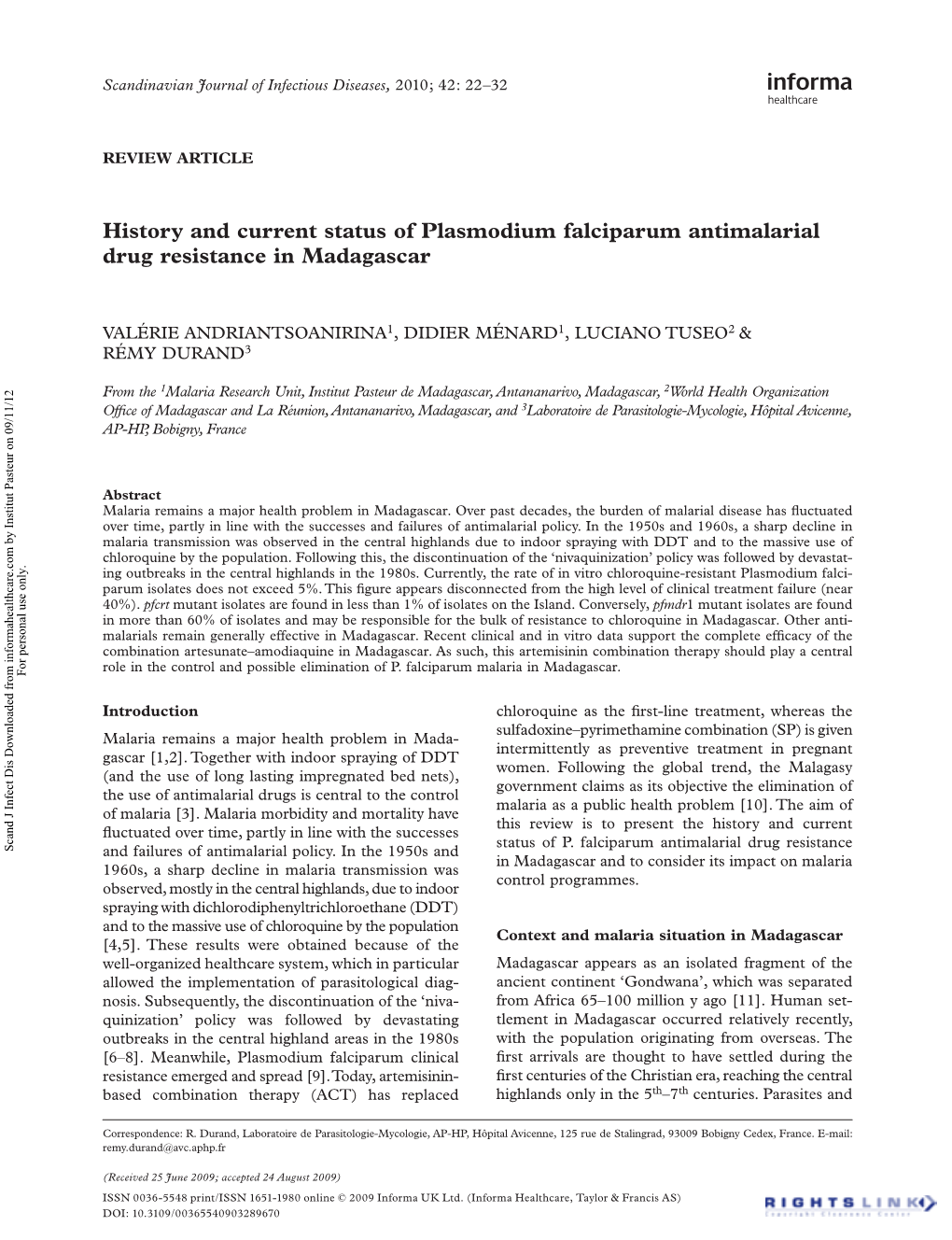 History and Current Status of Plasmodium Falciparum Antimalarial Drug Resistance in Madagascar