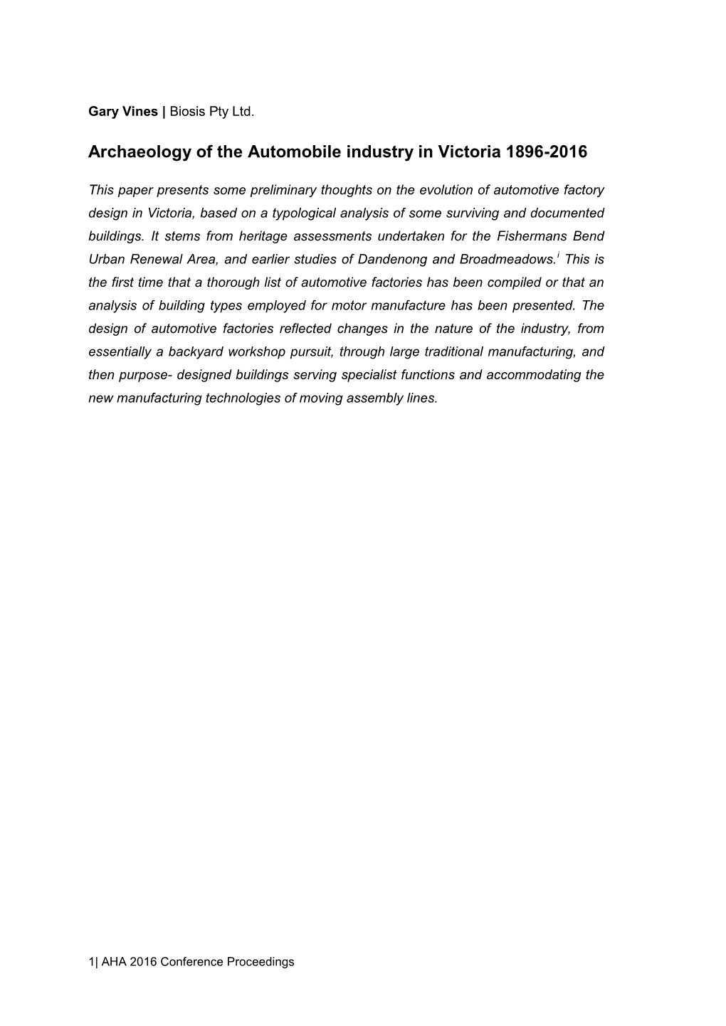 Archaeology of the Automobile Industry in Victoria 1896-2016