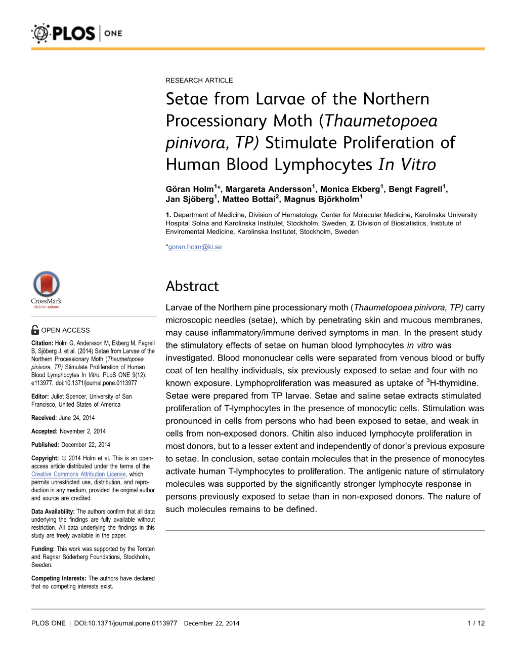 Setae from Larvae of the Northern Processionary Moth (Thaumetopoea Pinivora, TP) Stimulate Proliferation of Human Blood Lymphocytes in Vitro