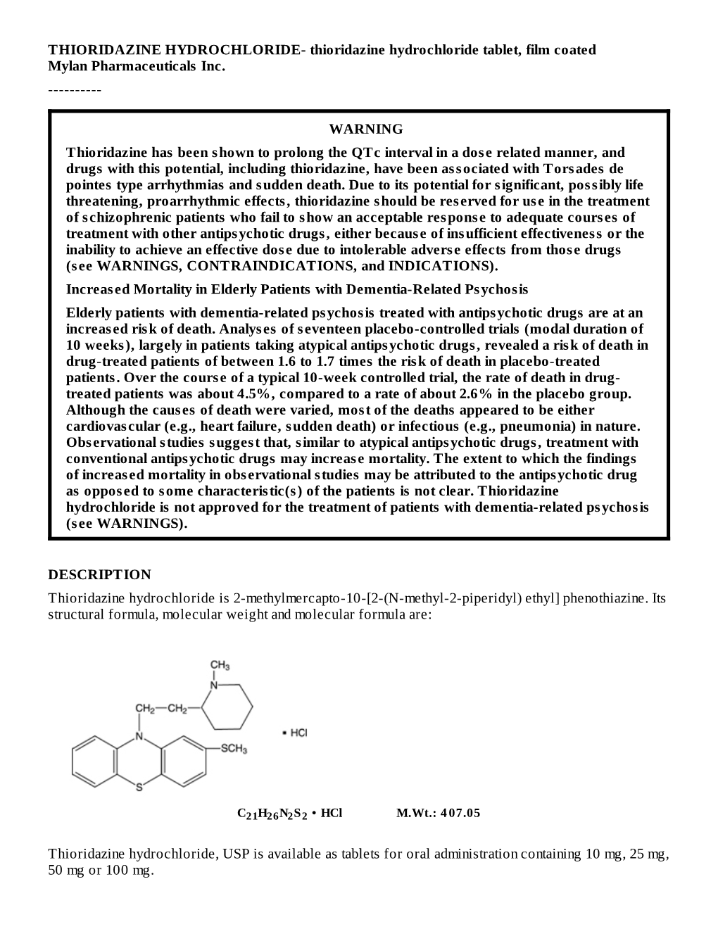 Thioridazine Hydrochloride Tablet, Film Coated Mylan Pharmaceuticals Inc