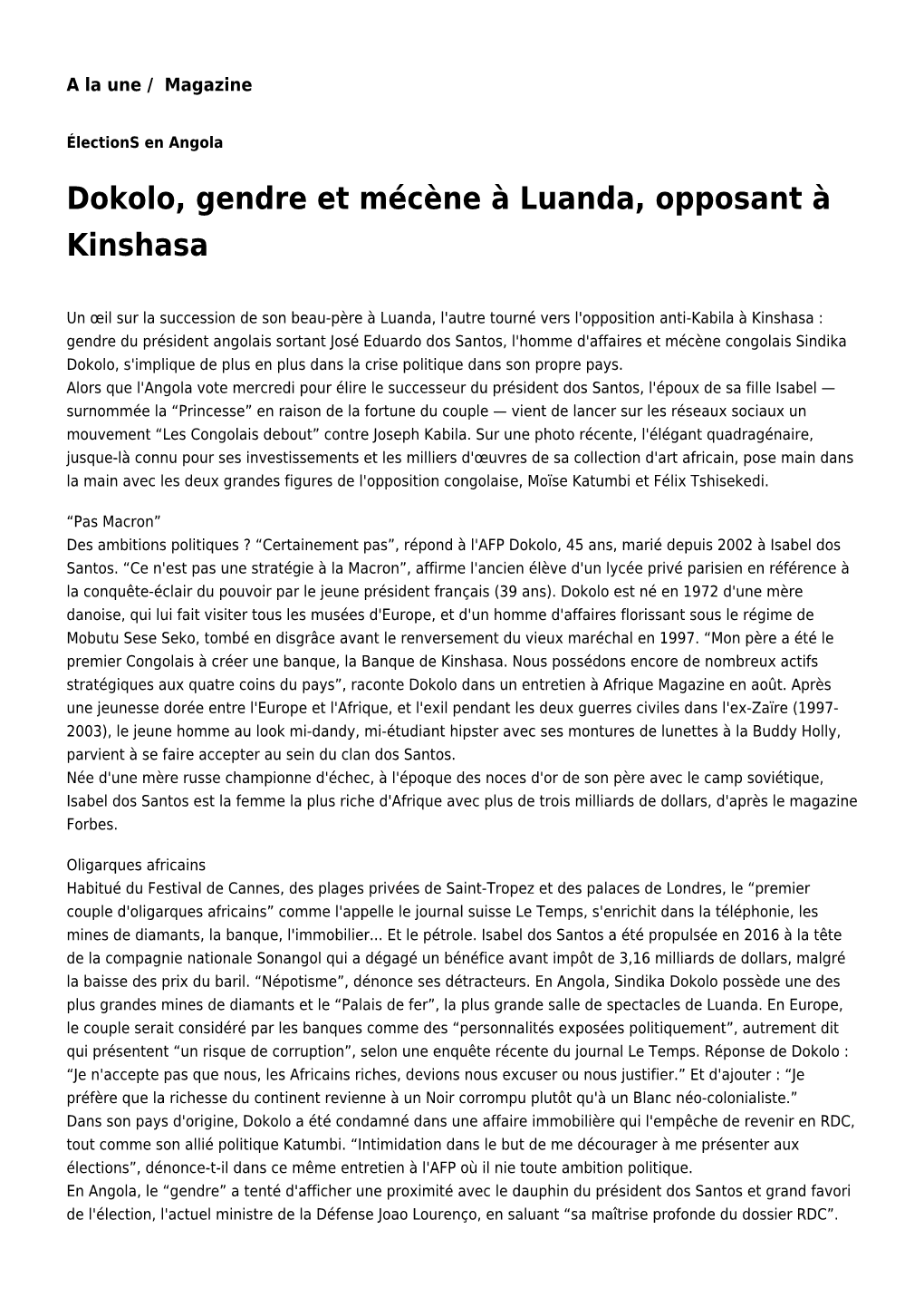 Dokolo, Gendre Et Mécène À Luanda, Opposant À Kinshasa