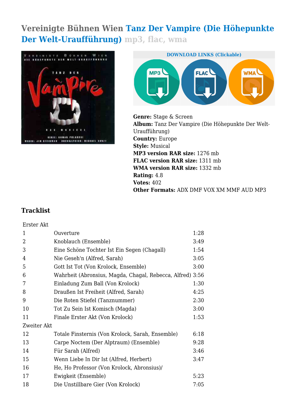 Vereinigte Bühnen Wien Tanz Der Vampire (Die Höhepunkte Der Welt-Uraufführung) Mp3, Flac, Wma