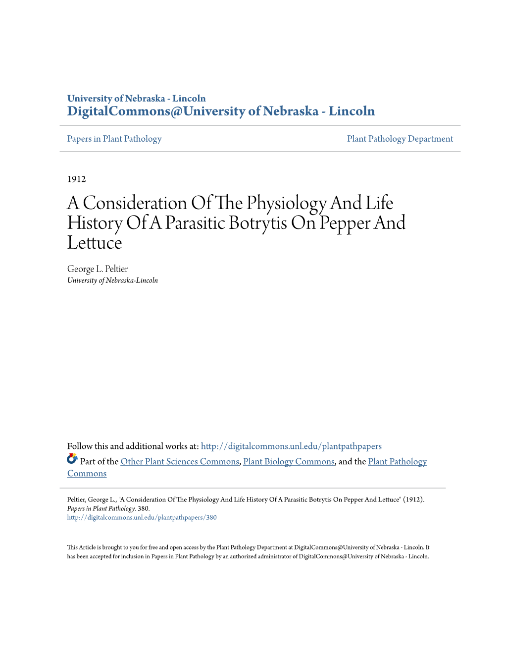 A Consideration of the Physiology and Life History of a Parasitic Botrytis on Pepper and Lettuce.'