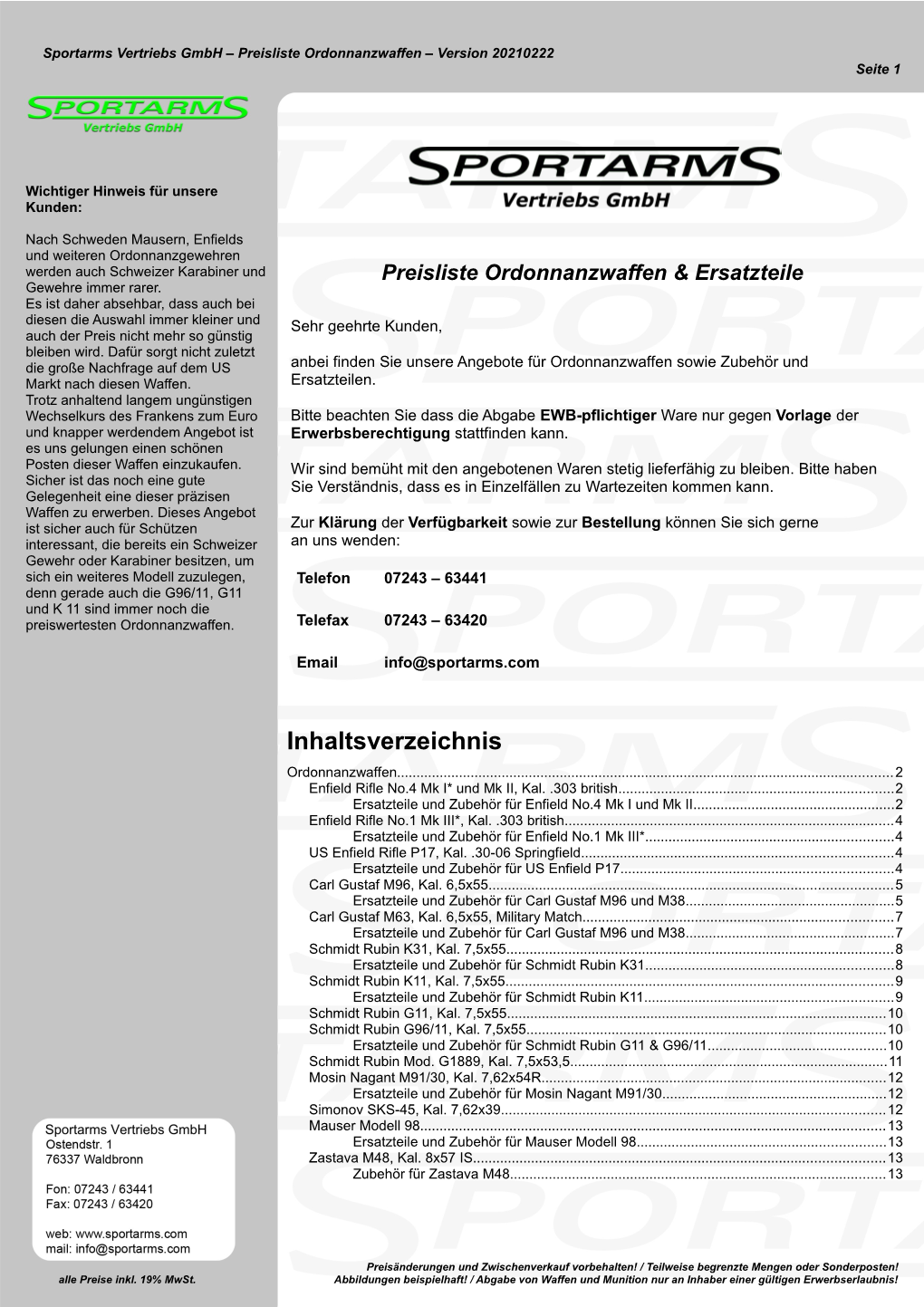 Preisliste Ordonnanzwaffen & Ersatzteile