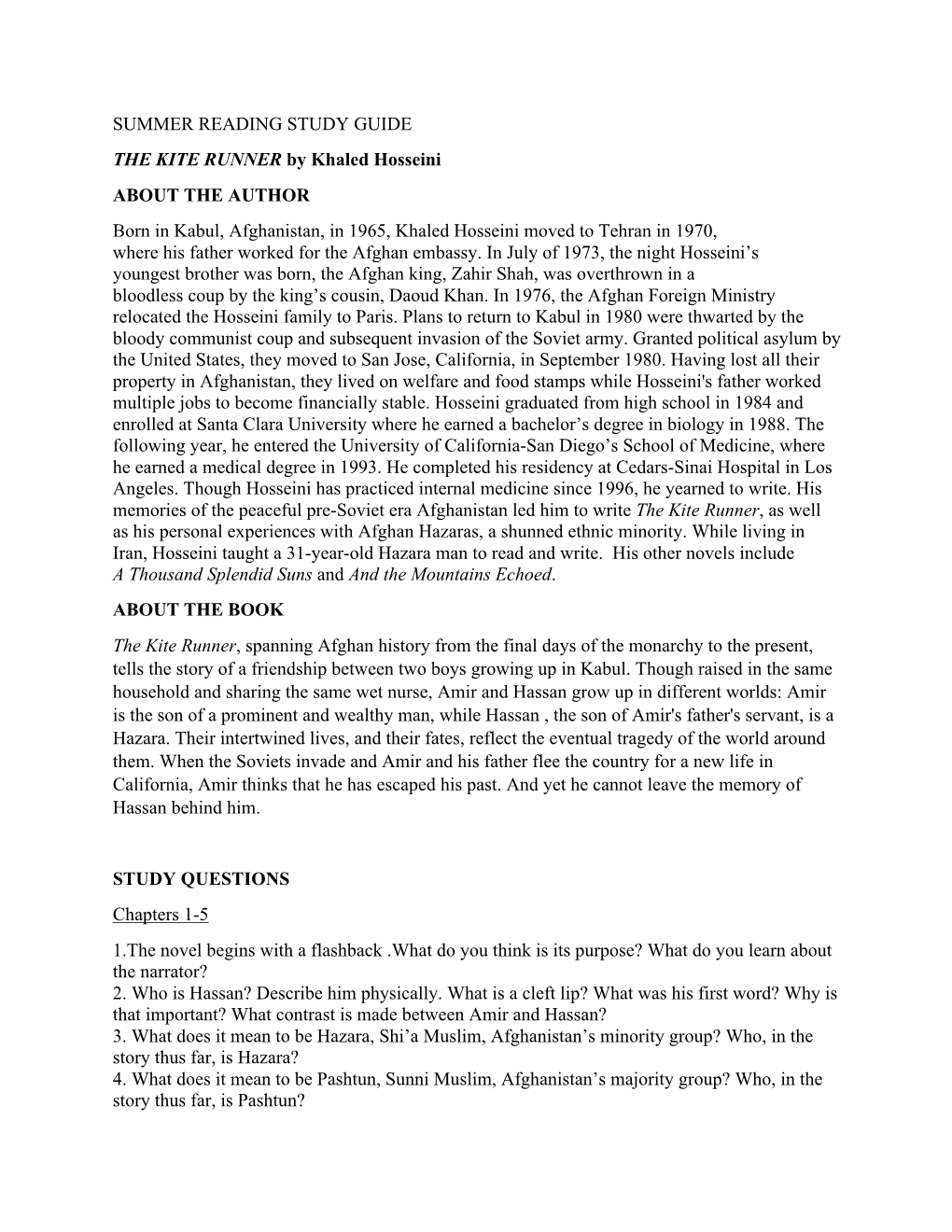 Study Guide for the Kite Runner