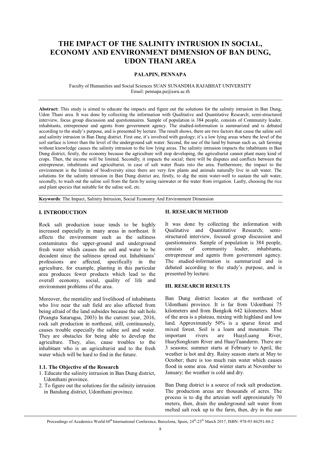 The Impact of the Salinity Intrusion in Social, Economy and Environment Dimension of Ban Dung, Udon Thani Area