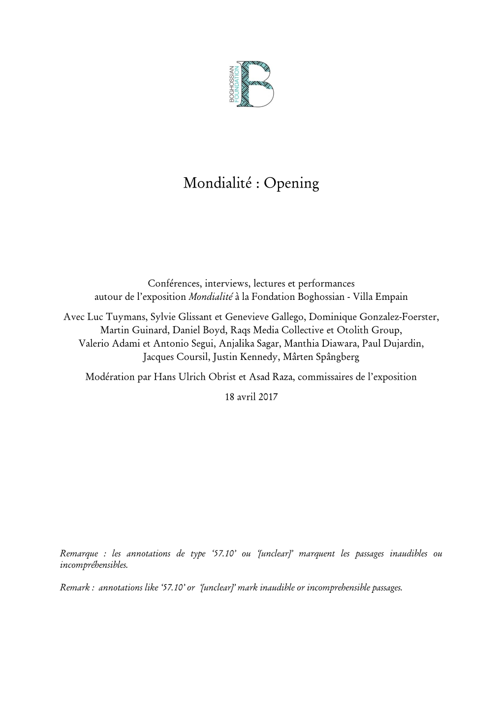 Mondialité : Opening