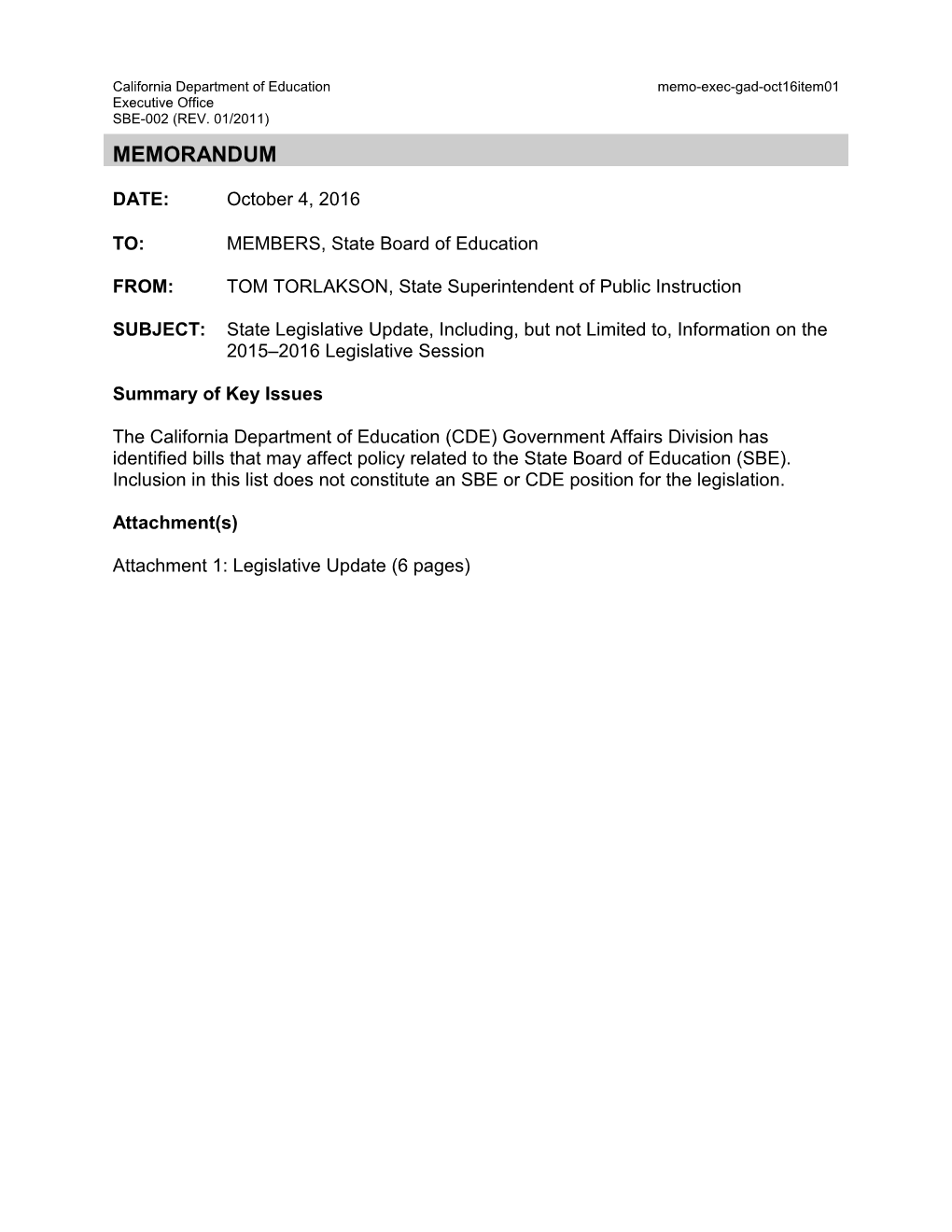 October 2016 EXEC GAD Memo Item 01 - Information Memoranda (CA State Board of Education)