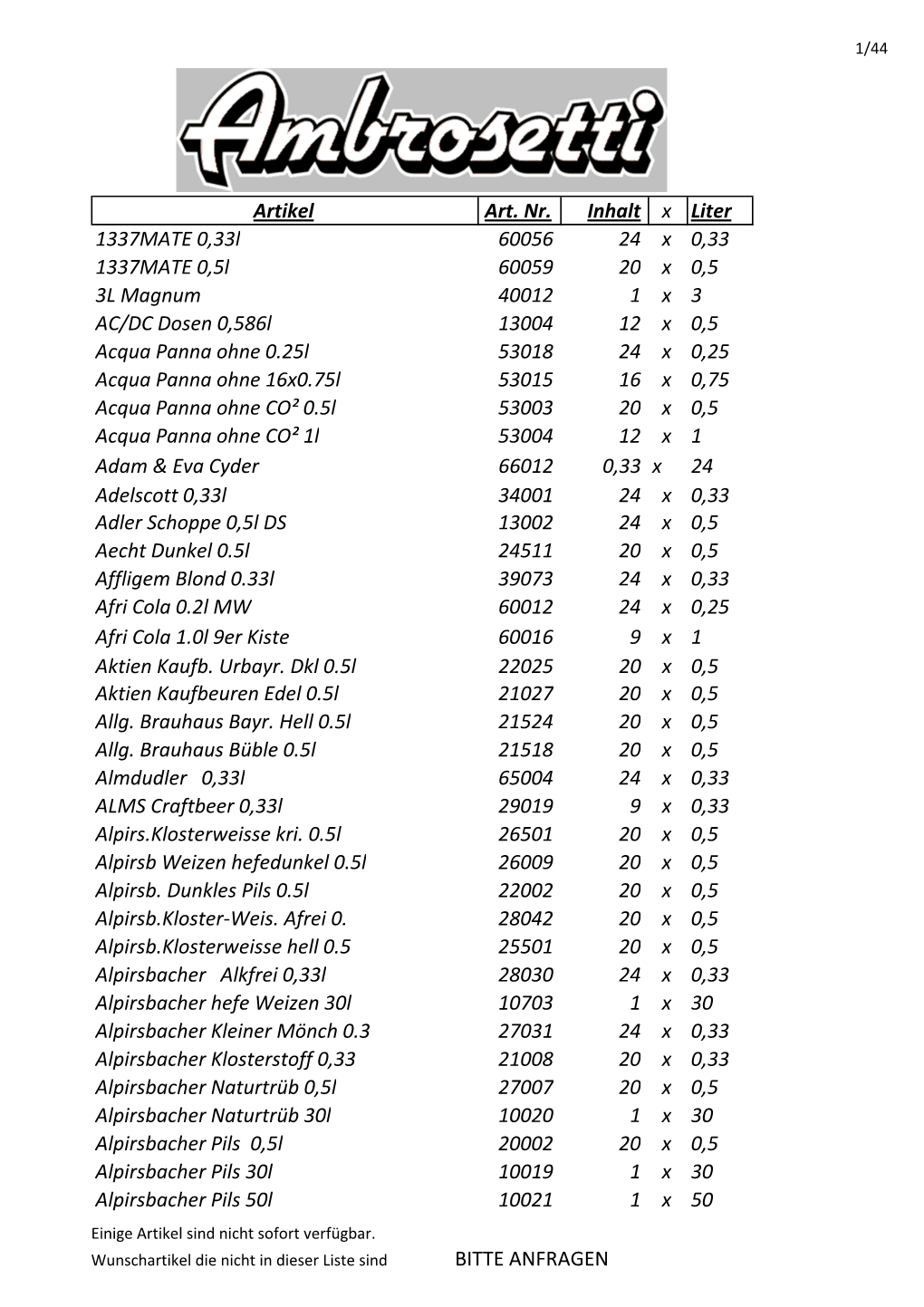 Artikel Art. Nr. Inhalt X Liter 1337MATE 0,33L 60056 24 X 0,33 1337MATE 0