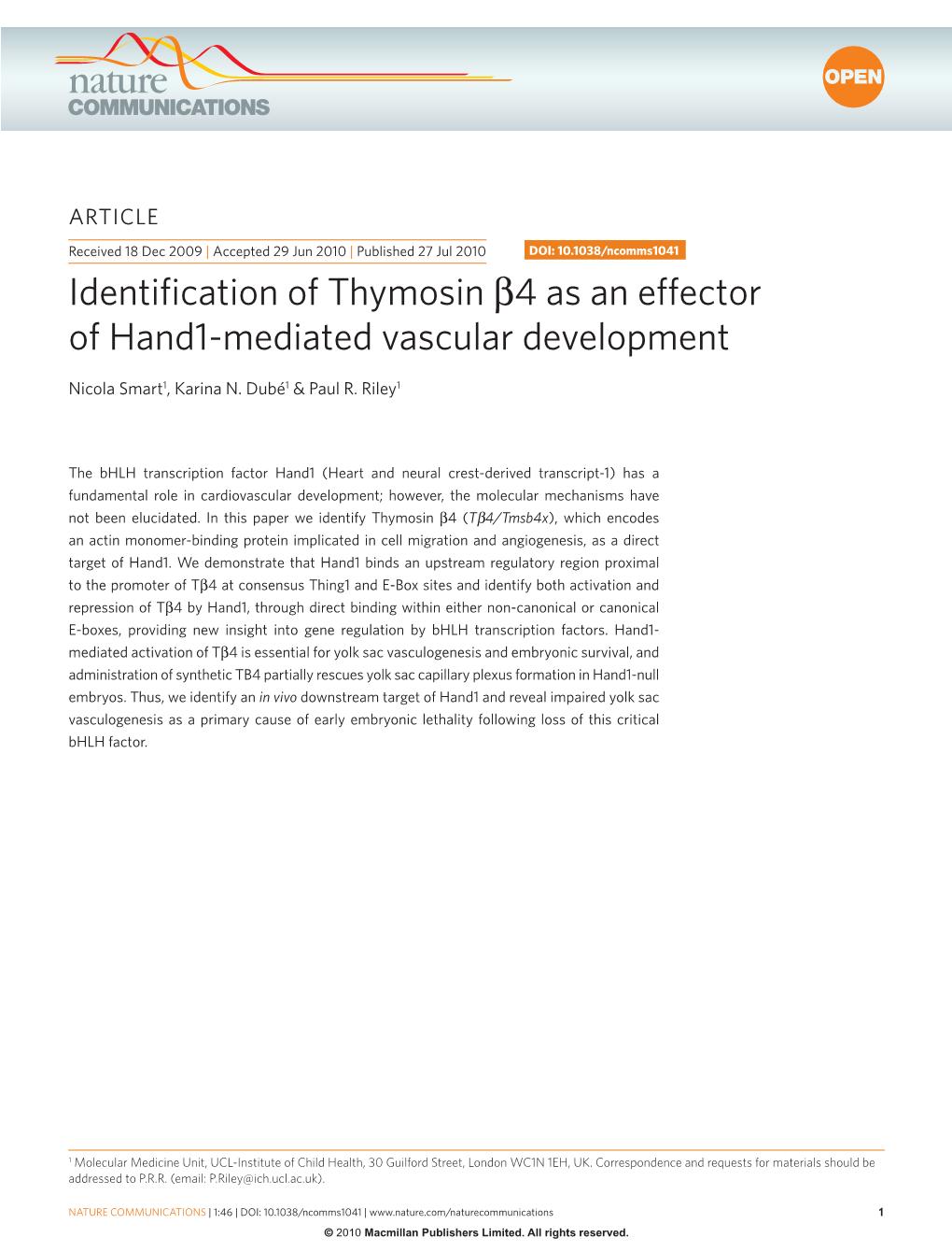 Identification of Thymosin Β4 As an Effector of Hand1-Mediated Vascular Development