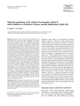 Molecular Mechanism of the Relation of Monoamine Oxidase B and Its Inhibitors to Parkinson’S Disease: Possible Implications of Glial Cells