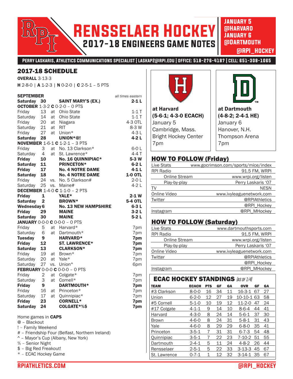 Rensselaer Hockey January 6 2017-18 Engineers Game Notes @Dartmouth @RPI Hockey