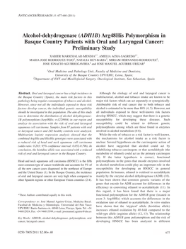 Alcohol-Dehydrogenase (ADH1B) Arg48his Polymorphism in Basque Country Patients with Oral and Laryngeal Cancer: Preliminary Study