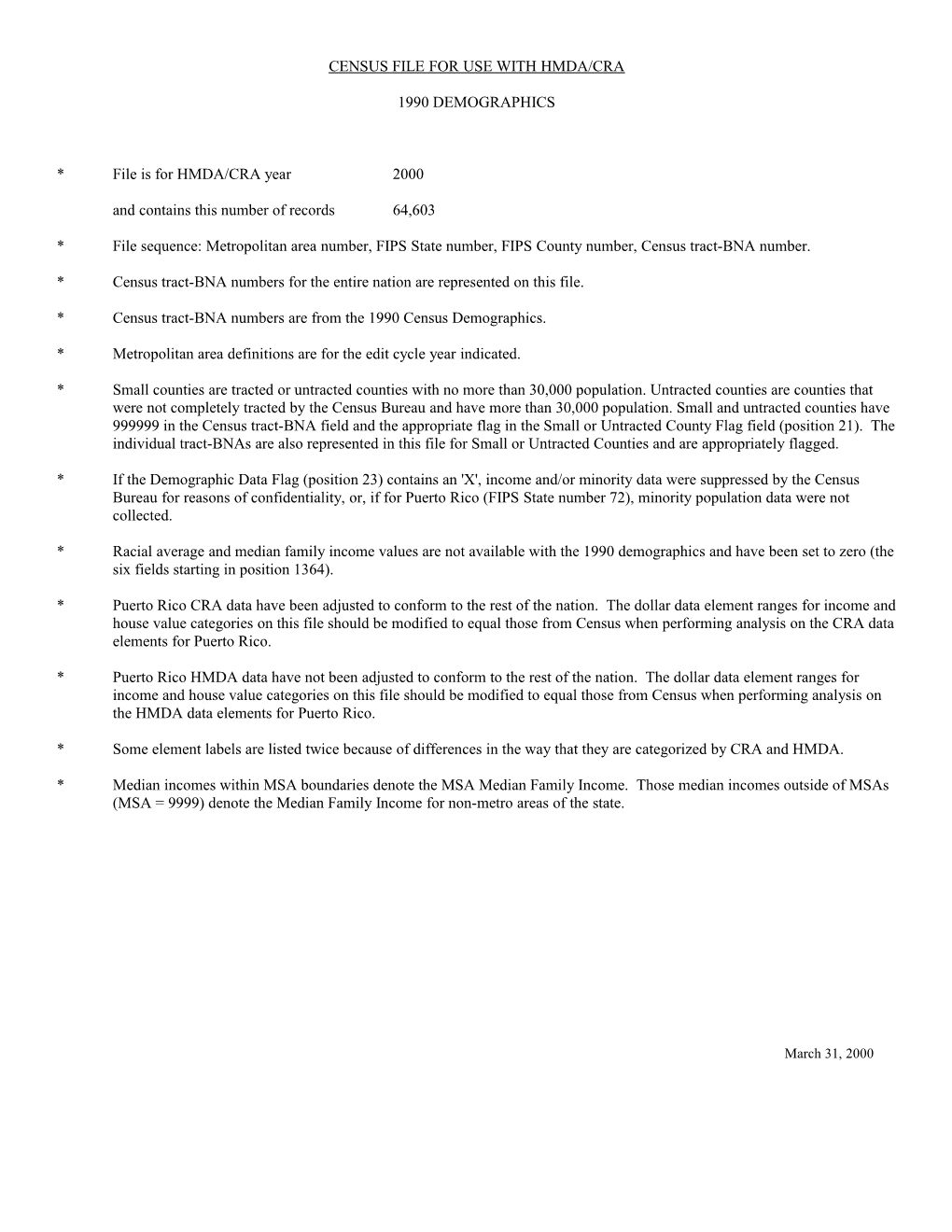 Census File for Use with Hmda/Cra