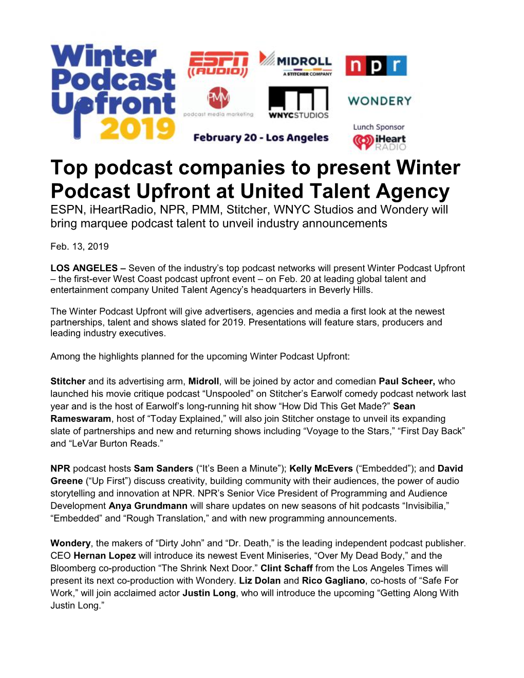 Top Podcast Companies to Present Winter Podcast Upfront at United