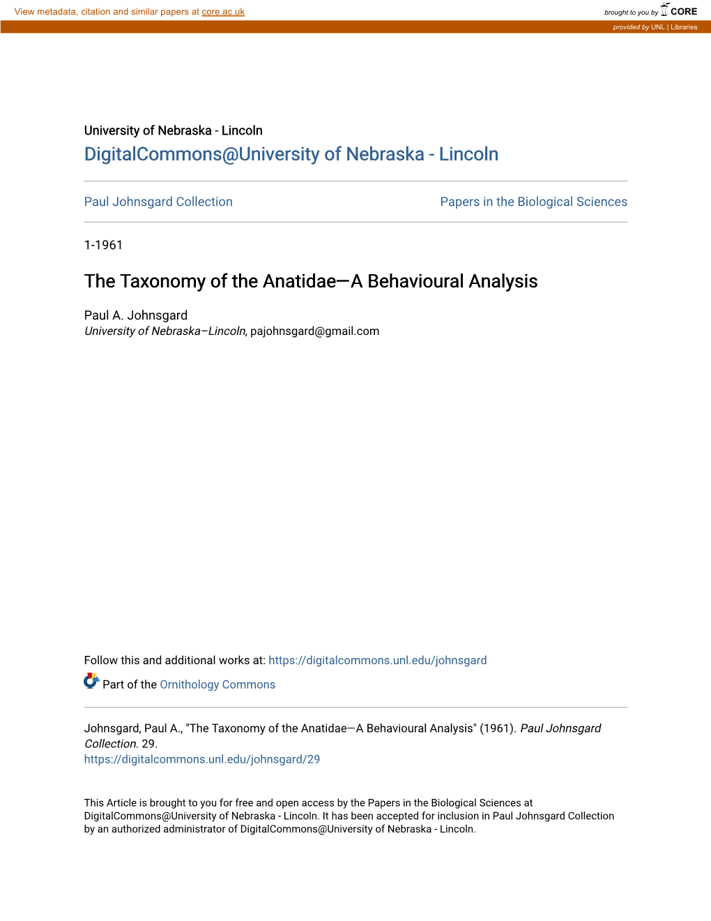 The Taxonomy of the Anatidae—A Behavioural Analysis