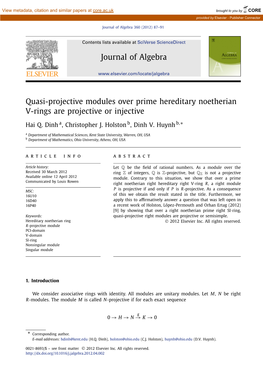 Quasi-Projective Modules Over Prime Hereditary Noetherian V-Rings Are Projective Or Injective ∗ Hai Q