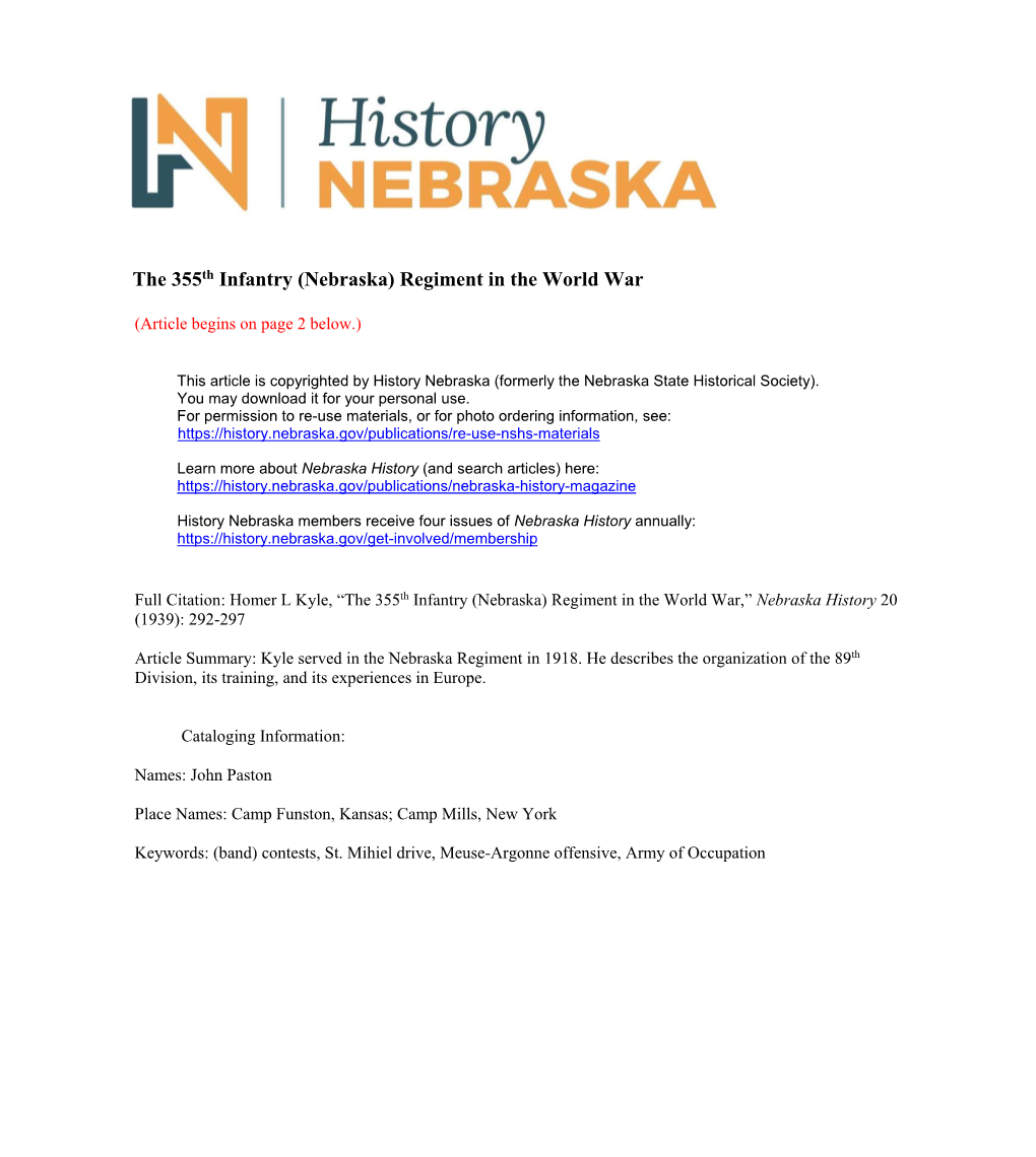 The 355Th Infantry (Nebraska) Regiment in the World War