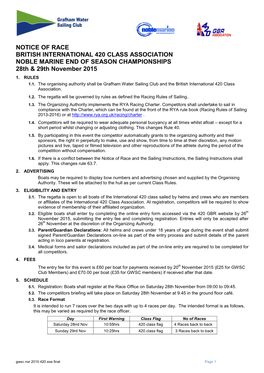 NOTICE of RACE BRITISH INTERNATIONAL 420 CLASS ASSOCIATION NOBLE MARINE END of SEASON CHAMPIONSHIPS 28Th & 29Th November 2015 1