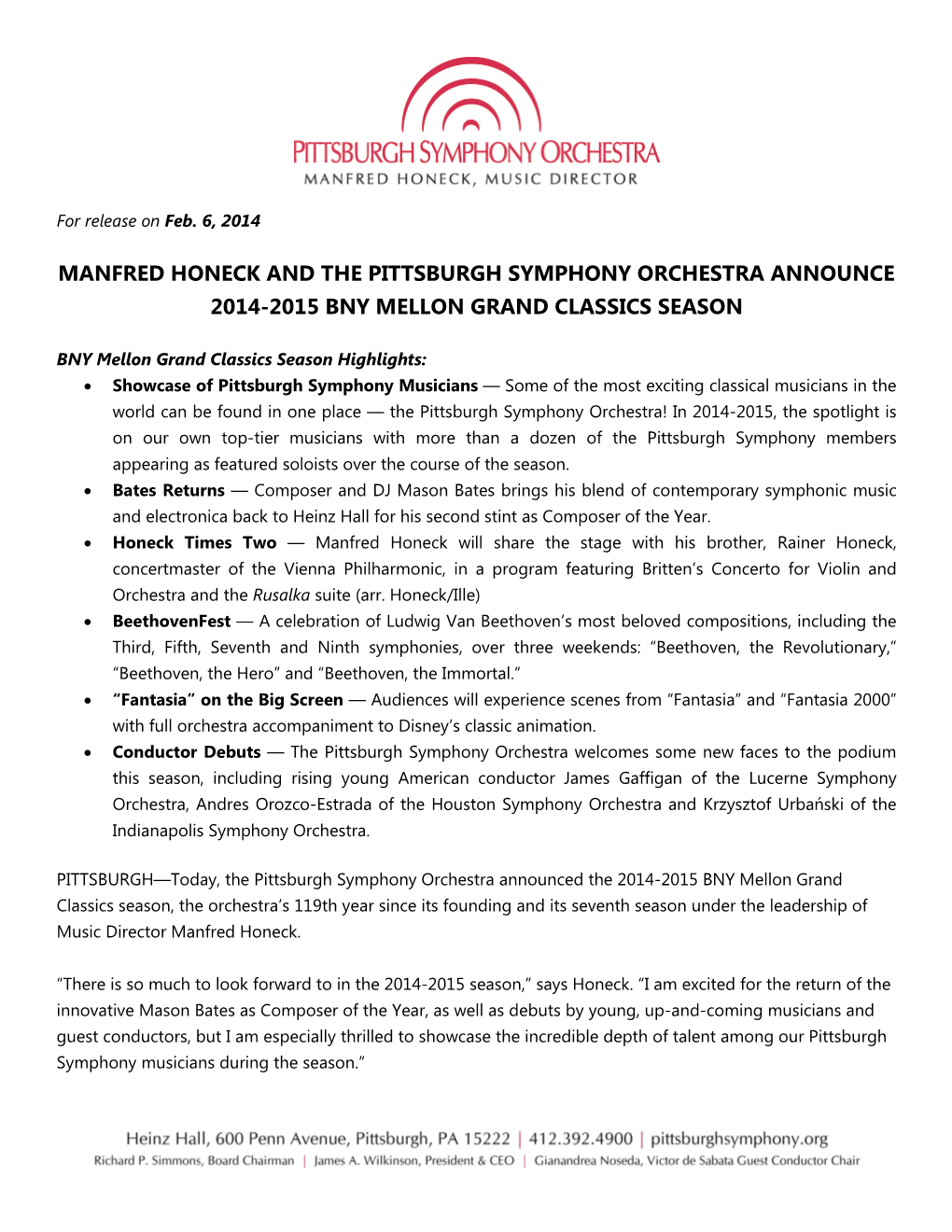 Manfred Honeck and the Pittsburgh Symphony Orchestra Announce 2014-2015 Bny Mellon Grand Classics Season