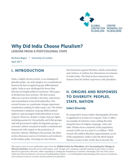 Why Did India Choose Pluralism? LESSONS from a POSTCOLONIAL STATE