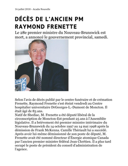 Décès De L'ancien Pm Raymond Frenette