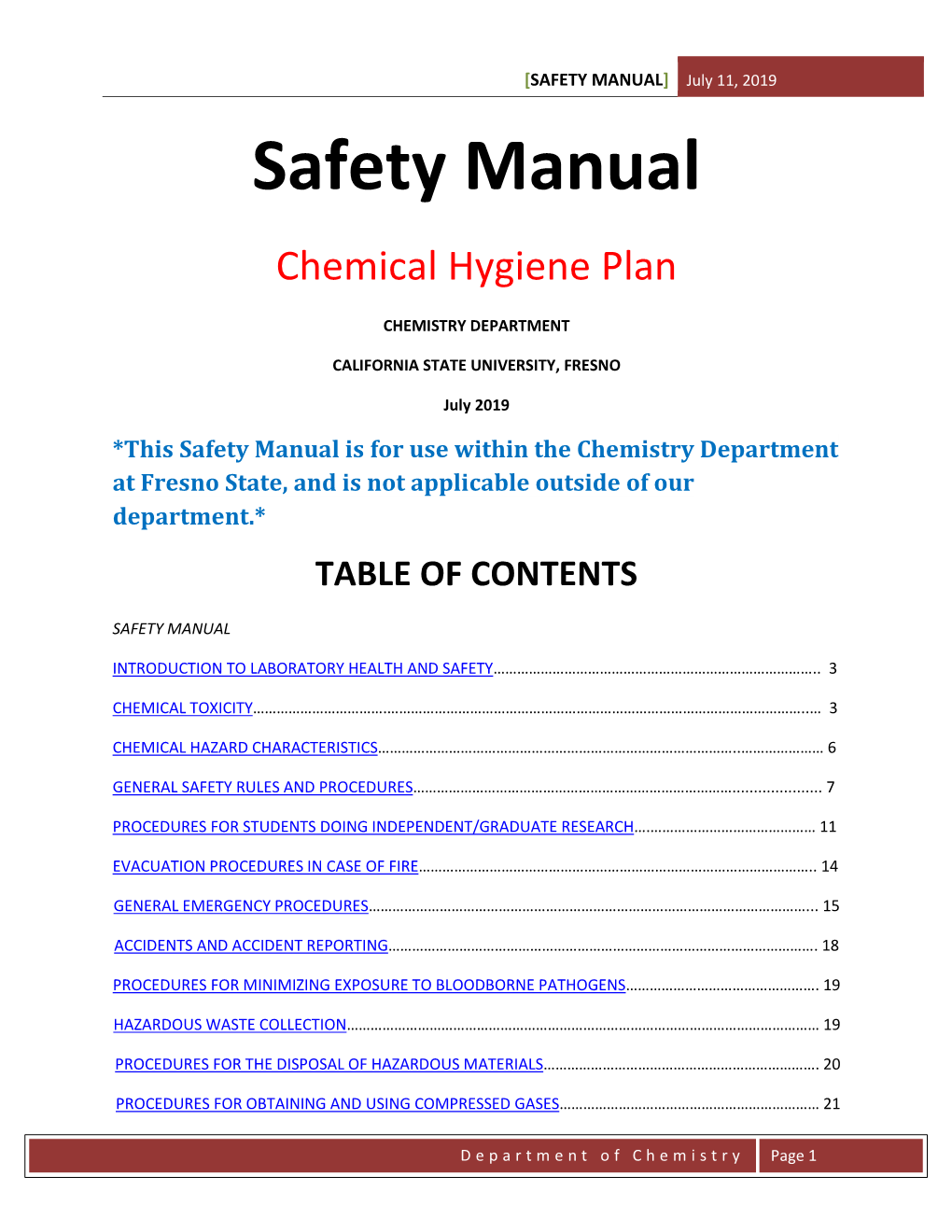 Department of Chemistry Safety Manual