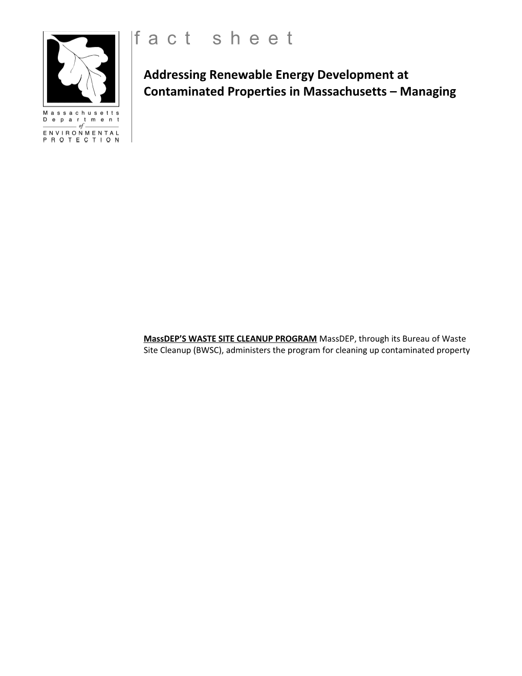 Addressing Renewable Energy Development at Contaminated Properties in Massachusetts Managing